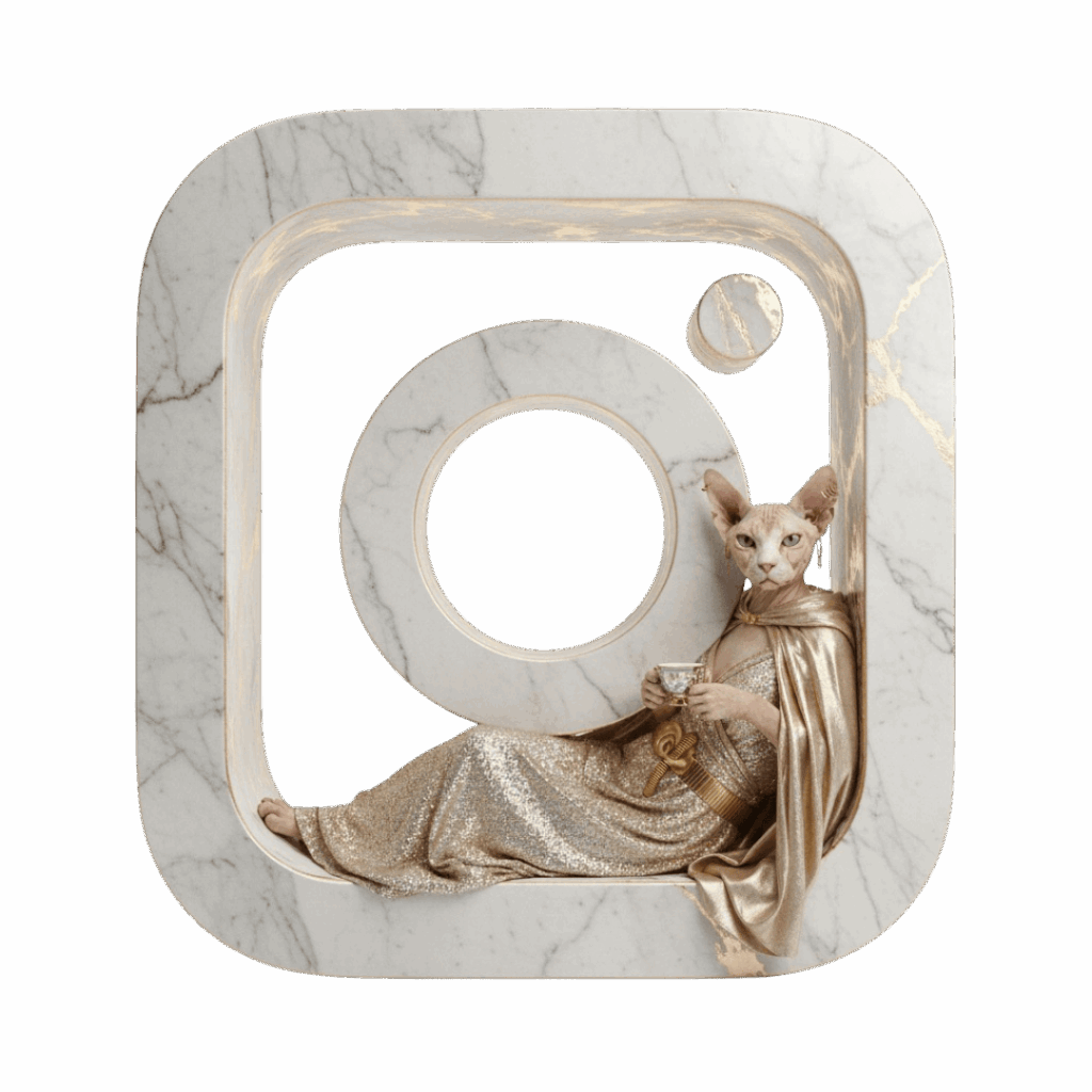 Sphynx-Katze lehnt in einem Instagram-Logo aus Marmor