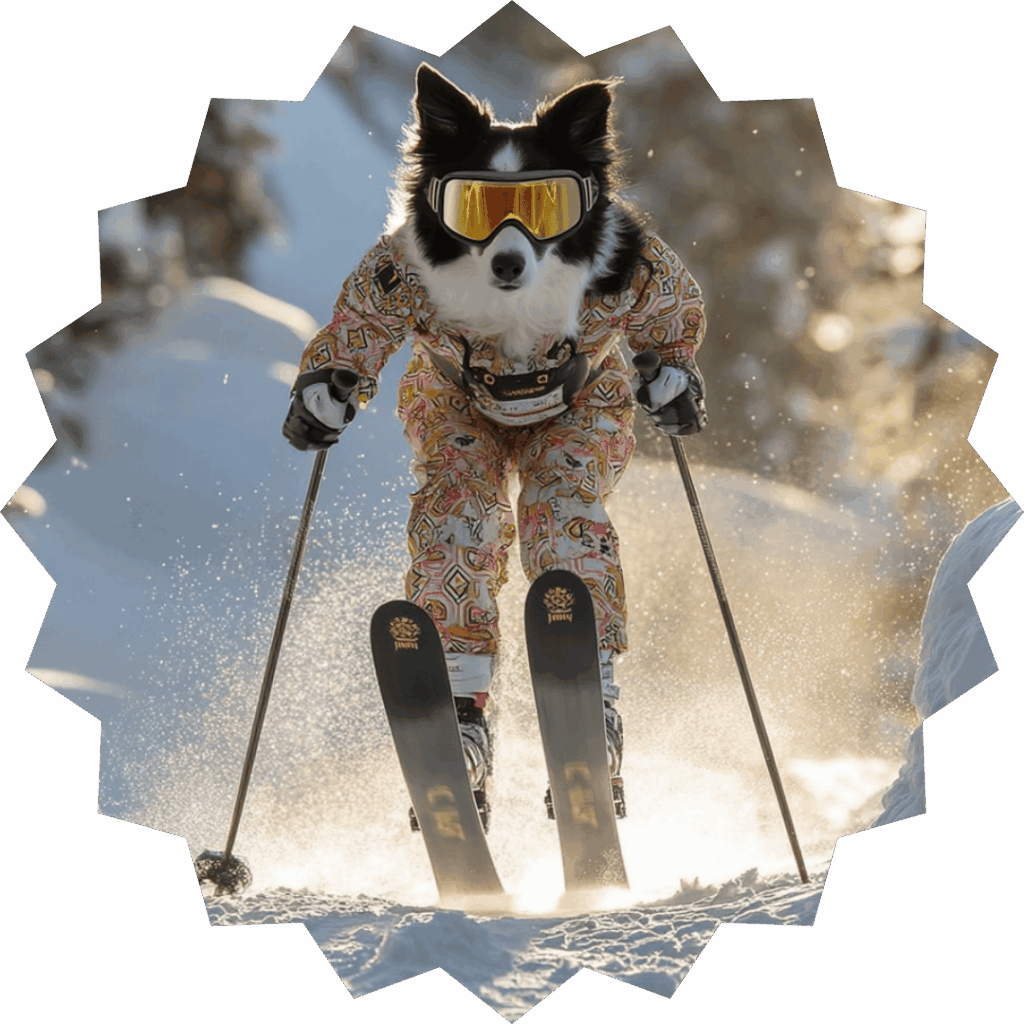 Human Design Reading 10 - Generator Border Collie fährt auf Ski einen verschneiten Abhang herunter