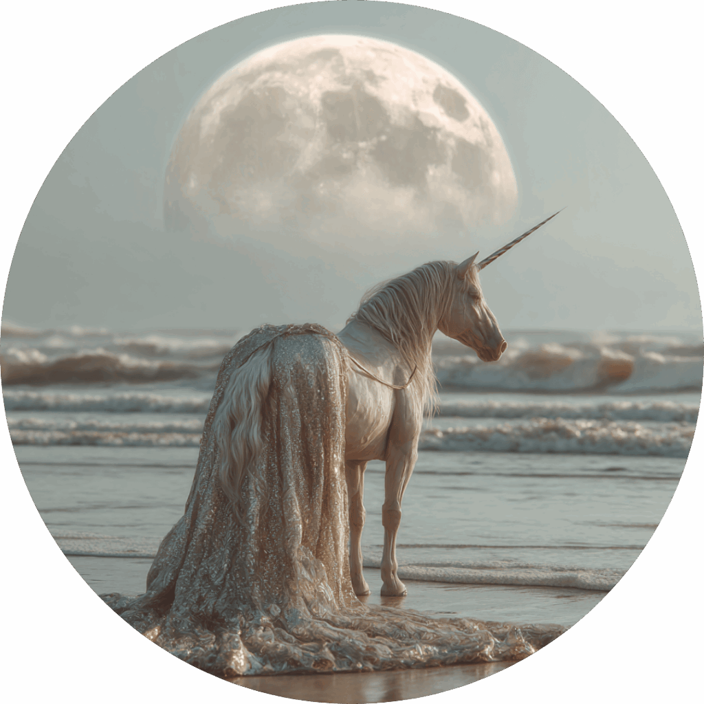 Human Design Reading 15 - Reflektor Einhorn steht am Meer. Im Hintergrund ein riesiger aufgehender Mond
