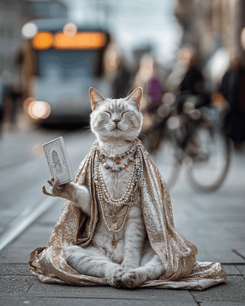 Human Design Reading 3 - Projektor - Katze sitzt meditierend auf belebter Straße und hält Orakel-Karten in der rechten Pfote