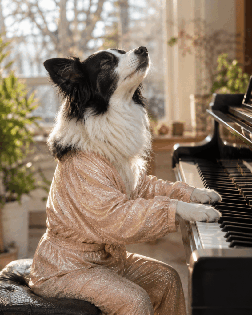Border Collie im corlfarbenen Glitzer Overall am Klavier